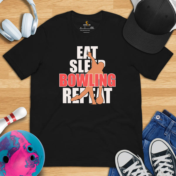 Men's & Women's Bowler T-Shirt, Outfit - Bowling Alley Themed Party Favors - Gift for Bowler - Funny Eat Sleep Bowling Repeat Tee - Black