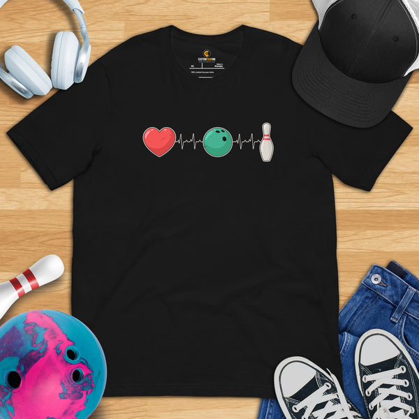 Men's & Women's Bowler T-Shirt, Outfit - Bowling Alley Themed Party Favors - Present, Gift for Bowler - Heartbeat Bowling Inspired Tee - Black