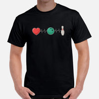 Men's & Women's Bowler T-Shirt, Outfit - Bowling Alley Themed Party Favors - Present, Gift for Bowler - Heartbeat Bowling Inspired Tee - Black, Men