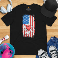 Men's & Women's Bowler T-Shirt, Outfit - Bowling Alley Themed Party Favors - Presents, Gifts for Bowlers - Patriotic US Flag Themed Tee - Black