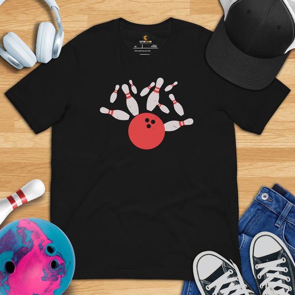 Men's & Women's Bowler T-Shirt, Outfit - Bowling Alley Themed Party Favors - Presents, Gifts for Bowlers - Retro Bowling Crash Pins Tee - Black