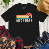 Michigan Map Retro Sunset Aesthetic Shirt - Patriotic Hiking Shirt - Ideal Gift for Outdoorsy Camper & Hiker, Nature Lover, Wanderlust - Black