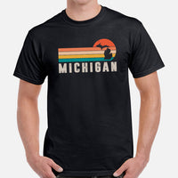 Michigan Map Retro Sunset Aesthetic Shirt - Patriotic Hiking Shirt - Ideal Gift for Outdoorsy Camper & Hiker, Nature Lover, Wanderlust - Black, Men