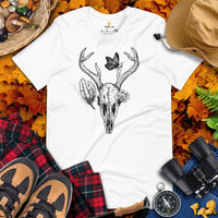 Monarch, Deer Skull & Mushroom Academia T-Shirt - Butterfly, Insect, Pollinator Shirt - Gift for Forager, Collector & Nature Lover - White