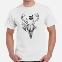 Monarch, Deer Skull & Mushroom Academia T-Shirt - Butterfly, Insect, Pollinator Shirt - Gift for Forager, Collector & Nature Lover - White, Men