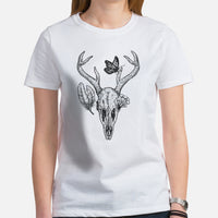 Monarch, Deer Skull & Mushroom Academia T-Shirt - Butterfly, Insect, Pollinator Shirt - Gift for Forager, Collector & Nature Lover - White, Women