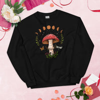Moon Phases Aesthetic Goblincore & Spacecore Sweatshirt - Fairycore, Cottagecore Pullover for Mushroom Hunter & Astronomy Enthusiast - Black
