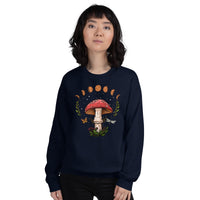 Moon Phases Aesthetic Goblincore & Spacecore Sweatshirt - Fairycore, Cottagecore Pullover for Mushroom Hunter & Astronomy Enthusiast - Navy