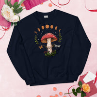 Moon Phases Aesthetic Goblincore & Spacecore Sweatshirt - Fairycore, Cottagecore Pullover for Mushroom Hunter & Astronomy Enthusiast - Navy