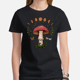 Moon Phases Aesthetic Goblincore & Spacecore T-Shirt - Fairycore, Cottagecore Tee for Forager, Mushroom Hunter & Astronomy Enthusiast - Black, Women