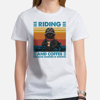 Funny Motorcycle T-Shirt - Black Cat Shirt - Motorhead Shirt - Gift for Coffee Lover & Biker - Riding & Coffee Because Murder Is Wrong Tee - White, Women