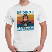 Monkey Shirt - Funny Motorcycle T-Shirt - Motorbike Riding Shirt - Motorhead Shirt - Gift for Biker - Riding Because Murder Is Wrong Shirt - White, Men