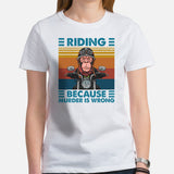 Monkey Shirt - Funny Motorcycle T-Shirt - Motorbike Riding Shirt - Motorhead Shirt - Gift for Biker - Riding Because Murder Is Wrong Shirt - White, Women