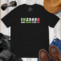 Funny Motorcycle T-Shirt - Biker T-Shirt - Moto Riding Shirt - Motorhead Shirt - Presents for Bikers, Motorcycle Riders - 1 Down 5 Up Shirt - Black