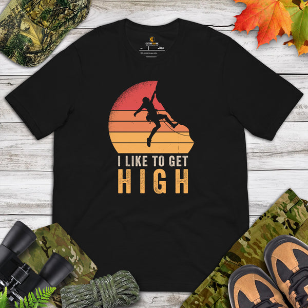 Mountaineering T-Shirt - Gifts for Rock Climbers, Hikers, Outdoorsy Mountain Men - Climbing Outfit, Clothes - I Like To Get High Tee - Black