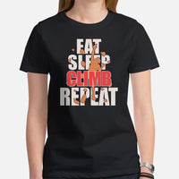 Mountaineering T-Shirt - Gifts for Rock Climbers, Outdoorsy Mountain Men - Climbing Outfit, Clothes - Funny Eat Sleep Climb Repeat Tee - Black, Women