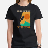 Mountaineering T-Shirt - Gifts for Rock Climbers, Outdoorsy Mountain Men - Climbing Outfit, Clothes - Retro I Climb Like A Girl Tee - Black, Women