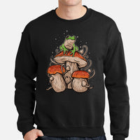 Mushroom & Frog Aesthetic Goblincore & Fairycore Sweatshirt - Cottagecore Mycology Pullover for Forager, Mushroom Hunter & Nature Lover  - Black, Men