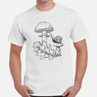 Mushroom & Snail Aesthetic Goblincore Shirt - Cottagecore, Forestcore Botanical Tee for Forager, Mushroom Hunter & Nature Enthusiast - White, Men