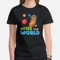 Otter This World T-Shirt - Mustalid Astronaut Shirt - Cosmonaut Marine Mustaline Mammal Tee - Gift for Mustalidae, Otter & Space Lovers - Black, Women