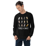 Owl Aesthetic Groovy Sweatshirt - Types of Owls Cozy Sweatshirt - Cottagecore Granola Pullover for Outdoorsy Birder, Birdwatcher - Black