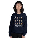 Owl Aesthetic Groovy Sweatshirt - Types of Owls Cozy Sweatshirt - Cottagecore Granola Pullover for Outdoorsy Birder, Birdwatcher - Navy, Women