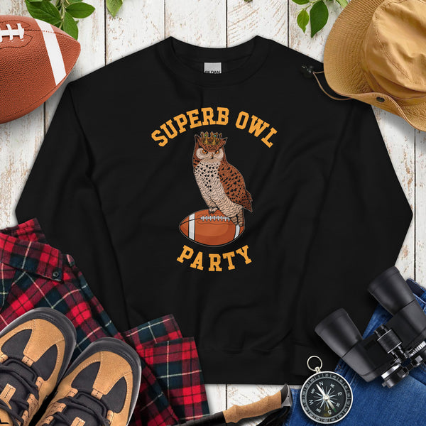Owl Aesthetic Sweatshirt - Superb Owl Football Party Sweatshirt - Cottagecore Granola Pullover for Outdoorsy Birder, Football Lovers - Black
