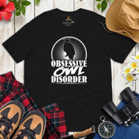 Camping T-Shirt - Presents, Gift Ideas for Bird & Nature Lovers, Birdwatchers, Birders - Woodsy Owl Tee Shirt - Obsessive Owl Disorder Tee - Black