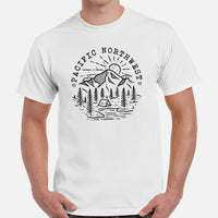 Pacific Northwest Adventure Awaits: Campfire & Happy Camper T-Shirt - Camping Crew/Squad Tee for Glamping Lover, Wilderness Enthusiasts - White, Men