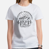 Pacific Northwest Adventure Awaits: Campfire & Happy Camper T-Shirt - Camping Crew/Squad Tee for Glamping Lover, Wilderness Enthusiasts - White, Women