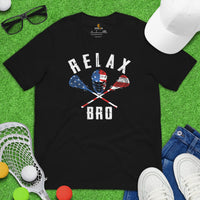 Funny Lacrosse Shirt - USA Flag Shirt - Game Day Shirt - Gift for Lacrosse Player, Coach - Lacrosse T-Shirt - Lax Shirt - Relax Bro T-Shirt - Black