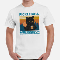 Pickleball Shirt - Pickle Ball Apparel - Gifts for Pickleball Players, Cat Lovers - Pickleball And Bourbon Because Murder Is Wrong Tee - White, Men