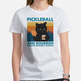 Pickleball Shirt - Pickle Ball Apparel - Gifts for Pickleball Players, Cat Lovers - Pickleball And Bourbon Because Murder Is Wrong Tee - White, Women