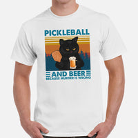 Pickleball Shirt - Pickle Ball Sport Apparel - Gifts for Pickleball Players, Cat Lovers - Pickleball & Beer Because Murder Is Wrong Tee - White, Men