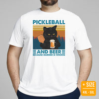 Pickleball Shirt - Pickle Ball Sport Apparel - Gifts for Pickleball Players, Cat Lovers - Pickleball & Beer Because Murder Is Wrong Tee - White, Plus Size