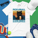 Pickleball Shirt - Pickle Ball Sport Apparel - Gifts for Pickleball Players, Cat Lovers - Pickleball & Beer Because Murder Is Wrong Tee - White