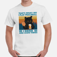 Pickleball Shirt - Pickle Ball Sport Outfit - Gifts for Pickleball Players, Cat Lovers - I Play Pickleball I Drink & I Know Things Tee - White, Men