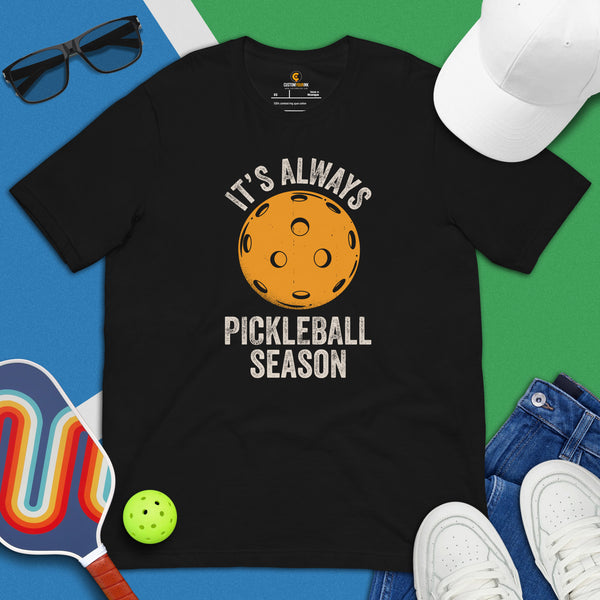 Pickleball T-Shirt - Pickle Ball Sport Clothes For Men & Women - Gifts for Pickleball Players - Retro It's Always Pickleball Season Tee - Black