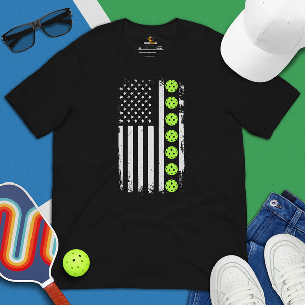 Pickleball T-Shirt - Pickle Ball Sport Outfit, Attire, Clothes, Apparel - Gifts for Pickleball Players - Patriotic US Flag Themed Tee - Black