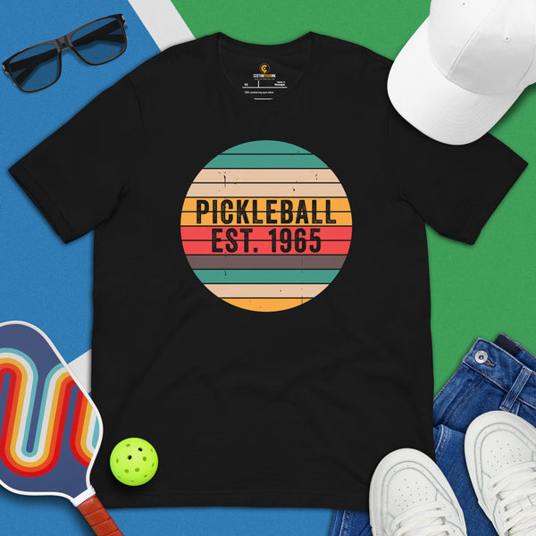 Pickleball T-Shirt - Pickle Ball Sport Outfit, Attire, Clothes For Men, Women - Gifts for Pickleball Players - Pickleball Est. 1965 Tee - Black