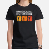 Pickleball T-Shirt - Pickle Ball Sport Outfit, Attire, Clothes - Gifts for Pickleball Players - Playing Pickleball Improves Memory Tee - Black, Women