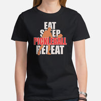 Pickleball T-Shirt - Pickle Ball Sport Outfit, Clothes, Apparel - Gifts for Pickleball Players - Funny Eat Sleep Pickleball Repeat Tee - Black, Women