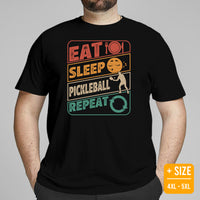 Pickleball T-Shirt - Pickle Ball Sport Outfit, Clothes, Apparel - Gifts for Pickleball Players - Retro Eat Sleep Pickleball Repeat Tee - Black, Plus Size