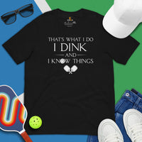 Pickleball T-Shirt - Pickle Ball Sport Outfit, Clothes For Men & Women - Gifts for Pickleball Players - I Dink And I Know Things Tee - Black