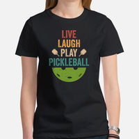 Pickleball T-Shirt - Pickle Ball Sport Outfit, Clothes For Men, Women - Gifts for Pickleball Players - Live Laugh Play Pickleball Tee - Black, Women