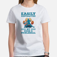 Pickleball T-Shirt - Pickle Ball Sport Outfit, Clothes - Gifts for Pickleball Players - Easily Distracted By Dogs And Pickleball Tee - White, Women