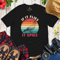 Camping Shirt - Presents, Gift Ideas for Bird Lovers, Birdwatchers, Birders - Staple Pigeon & Dove Tee Shirt - If It Flies, It Spies Shirt - Black