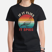 Camping Shirt - Presents, Gift Ideas for Bird Lovers, Birdwatchers, Birders - Staple Pigeon & Dove Tee Shirt - If It Flies, It Spies Shirt - Black, Women
