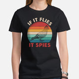 Camping Shirt - Presents, Gift Ideas for Bird Lovers, Birdwatchers, Birders - Staple Pigeon & Dove Tee Shirt - If It Flies, It Spies Shirt - Black, Women