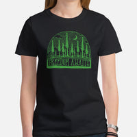 Camping & Hiking Shirt - Presents, Gift Ideas for Campers, Hikers, Nature Lovers - Happy & Happier Camper Tee Shirt - Freedom Awaits Shirt - Black, Women